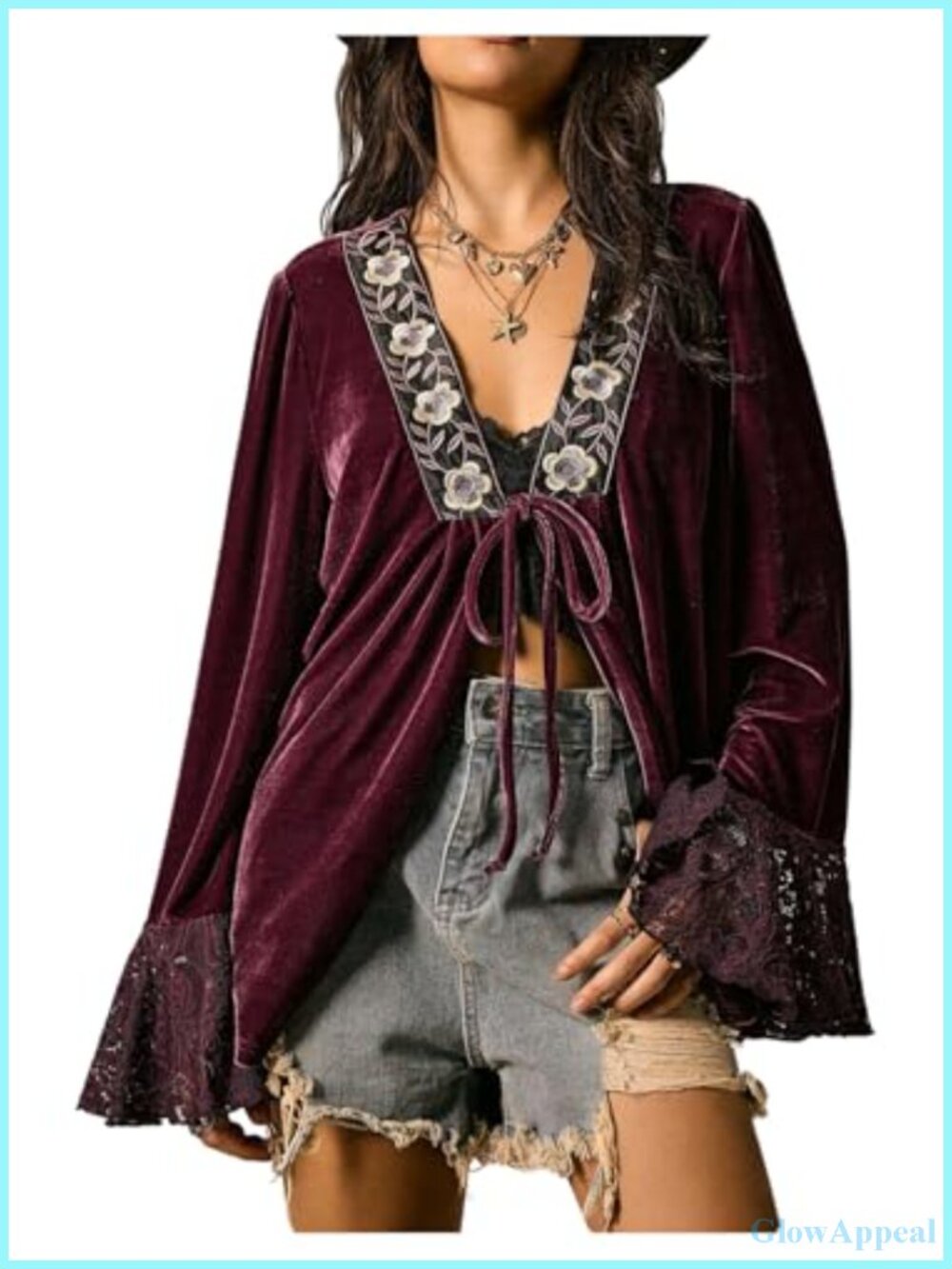 Velvet Blouse Long Sleeve Deep V Neck Lace Tie Front Boho Top